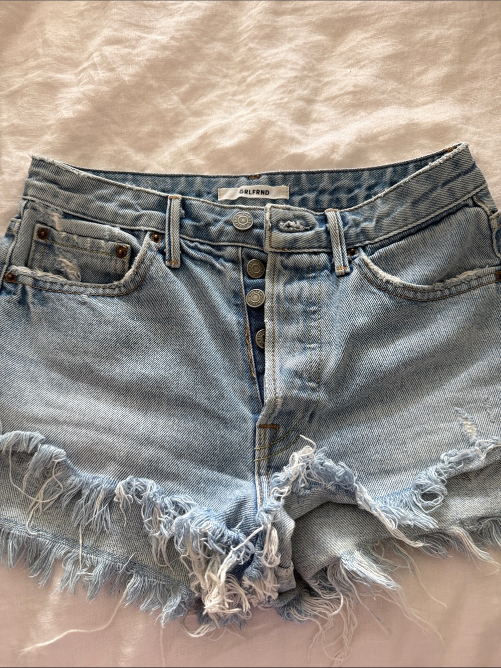 GRLFRND Light Blue Distressed Denim Cutoff Shorts Size 25